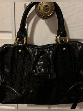 Black Croc-Embossed Satchel Handbag with Gold Hardware